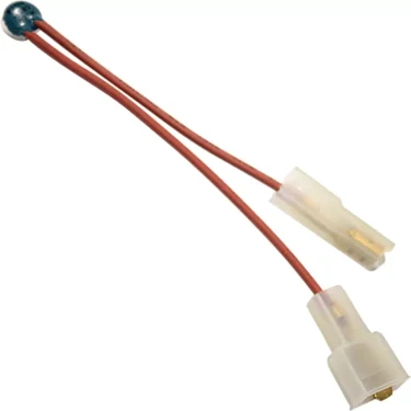 The Bezzera 7634816 Automatic Thermic Safety Device 100 °C is a small electronic sensor with two red wires ending in white connectors and a blue metallic sensor, designed for Bezzera machines and rated up to 100 °C. © 2025 1st-line.com